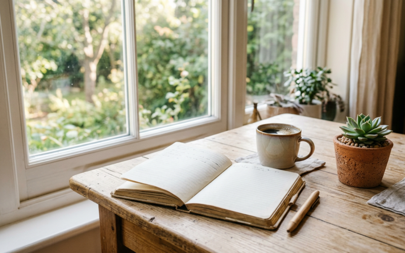 A peaceful morning scene with an open journal, coffee, and a plant by a window