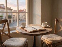 Cafe table with an open blank notebook and two cups of coffee