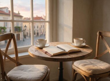 Cafe table with an open blank notebook and two cups of coffee