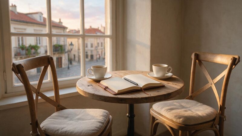 Cafe table with an open blank notebook and two cups of coffee