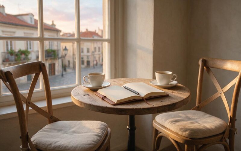 Cafe table with an open blank notebook and two cups of coffee