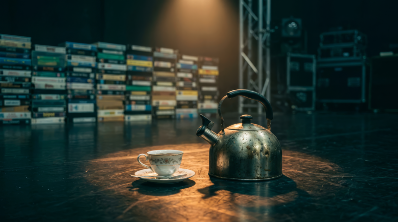 A vintage tea kettle and porcelain teacup on an empty television studio stage floor in front of a wall of VHS tapes, evoking the Big Brother 28 tea party and Block Buster comp