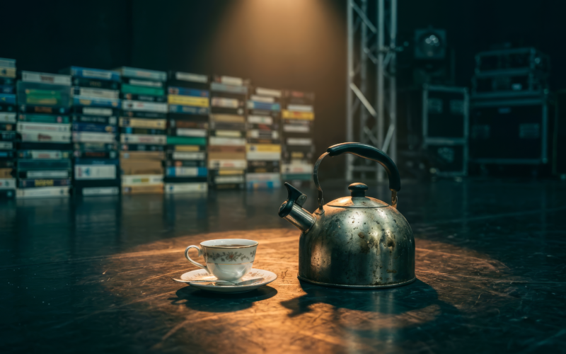 A vintage tea kettle and porcelain teacup on an empty television studio stage floor in front of a wall of VHS tapes, evoking the Big Brother 28 tea party and Block Buster comp
