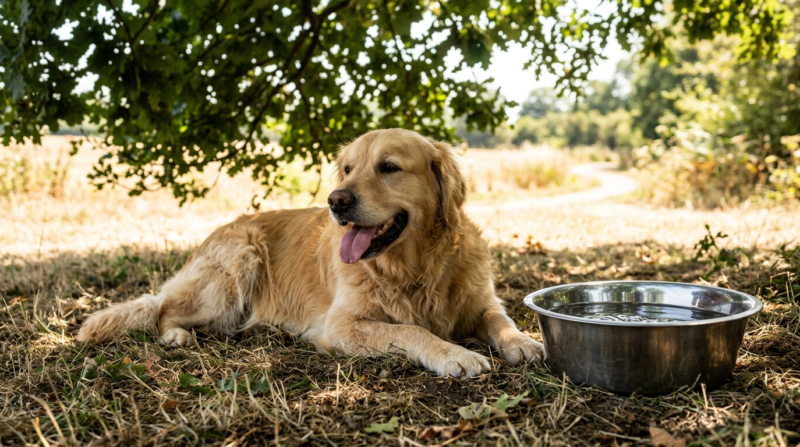 Dog resting in cool shade beside a full metal water bowl on a hot summer day