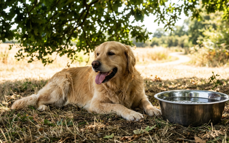 Dog resting in cool shade beside a full metal water bowl on a hot summer day