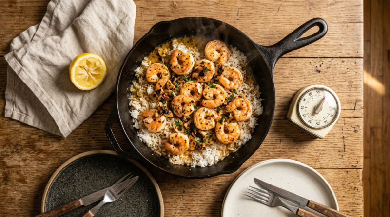 Easy 30 minute dinner recipes plated as garlic butter shrimp over rice in a skillet on a weeknight table