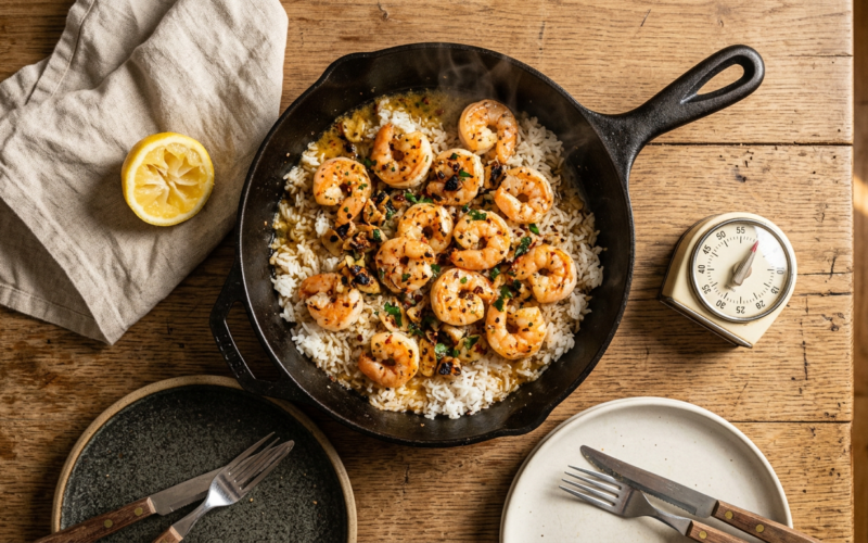 Easy 30 minute dinner recipes plated as garlic butter shrimp over rice in a skillet on a weeknight table