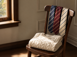 Three striped silk ties draped over a wooden chair back