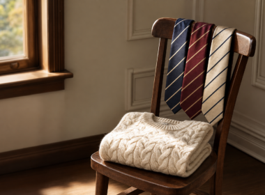 Three striped silk ties draped over a wooden chair back