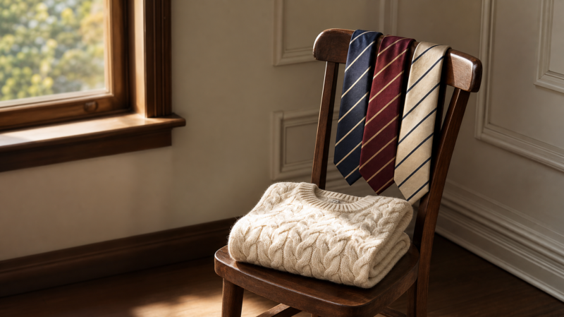 Three striped silk ties draped over a wooden chair back