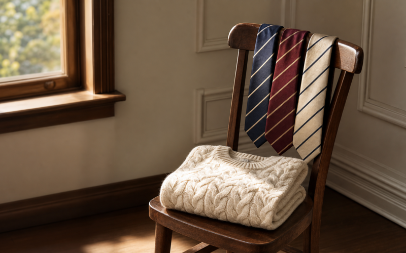 Three striped silk ties draped over a wooden chair back