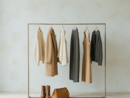 Clothing rail of neutral fall garments with leather boots beneath