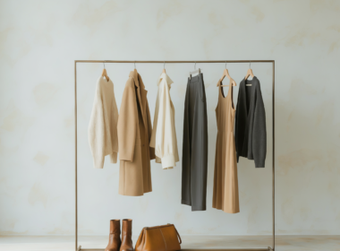 Clothing rail of neutral fall garments with leather boots beneath