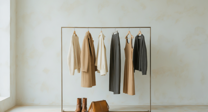 Clothing rail of neutral fall garments with leather boots beneath