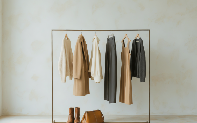 Clothing rail of neutral fall garments with leather boots beneath