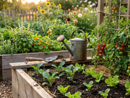 Raised garden beds with young fall seedlings and a watering can in late summer light
