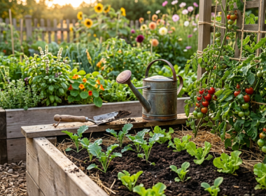 Raised garden beds with young fall seedlings and a watering can in late summer light
