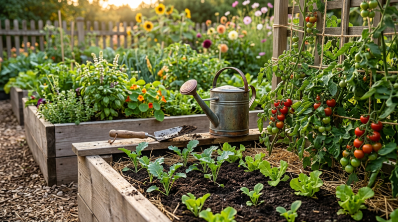 Raised garden beds with young fall seedlings and a watering can in late summer light