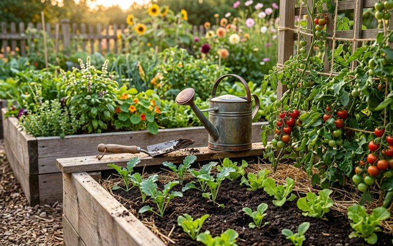 Raised garden beds with young fall seedlings and a watering can in late summer light