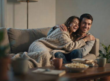 Happy couple enjoying a cozy movie night, illustrating fandom compatibility in modern dating