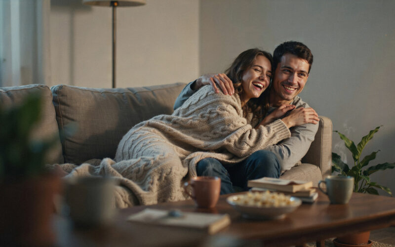 Happy couple enjoying a cozy movie night, illustrating fandom compatibility in modern dating
