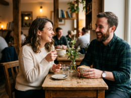 A happy couple enjoying a coffee date at a cozy cafe