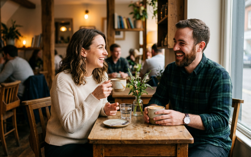 A happy couple enjoying a coffee date at a cozy cafe