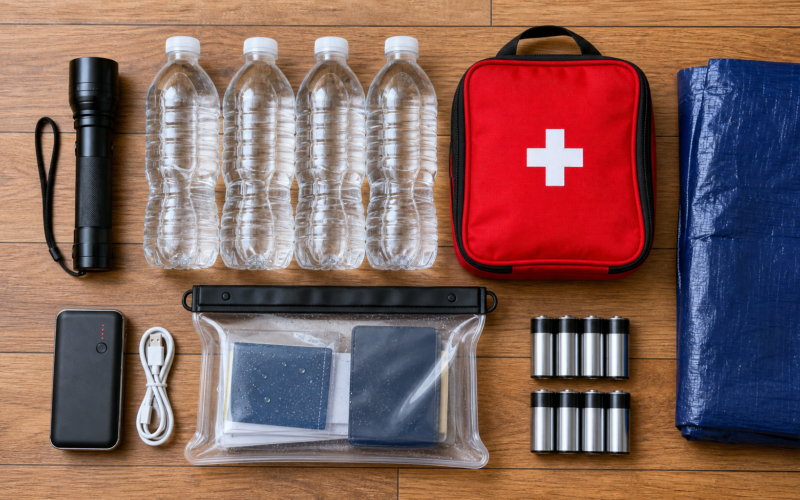 A renter assembling a compact flood emergency kit at home