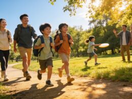 A happy family enjoying outdoor activities in a sunny park