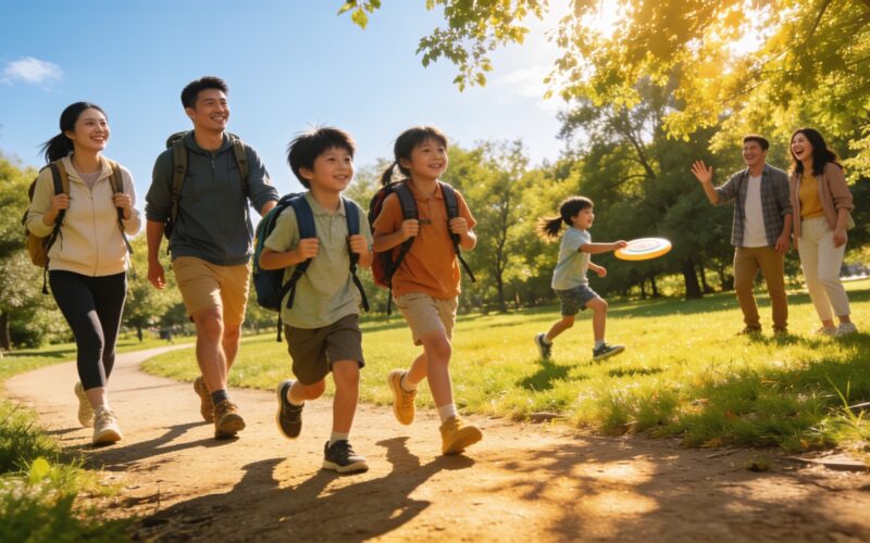 A happy family enjoying outdoor activities in a sunny park