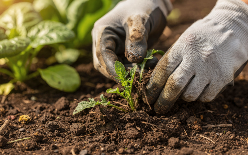 Gloved hands pulling weeds from a garden bed