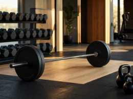 Rack of hexagonal rubber dumbbells and a loaded barbell on a wooden lifting platform in an empty gym lit by warm morning light