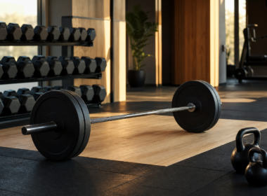 Rack of hexagonal rubber dumbbells and a loaded barbell on a wooden lifting platform in an empty gym lit by warm morning light