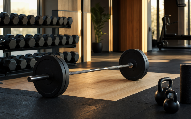 Rack of hexagonal rubber dumbbells and a loaded barbell on a wooden lifting platform in an empty gym lit by warm morning light