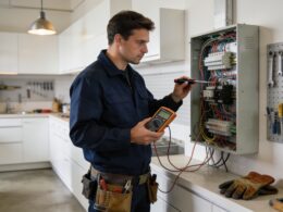 A confident skilled tradesperson working in a bright workshop