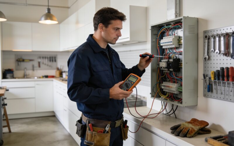 A confident skilled tradesperson working in a bright workshop