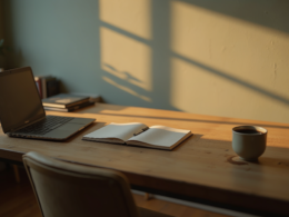 Home office desk with laptop, notepad and coffee set up for a long job search