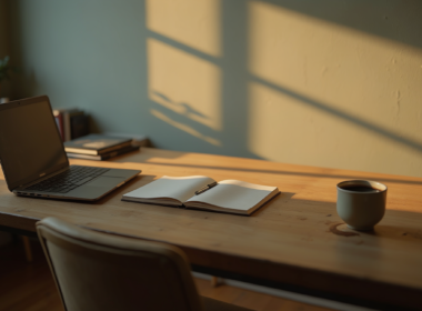 Home office desk with laptop, notepad and coffee set up for a long job search