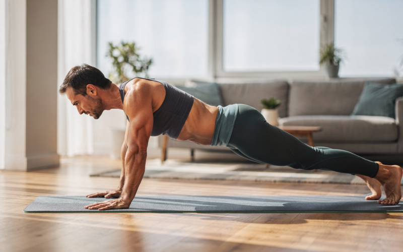 A person holding a plank on a yoga mat in a bright living room