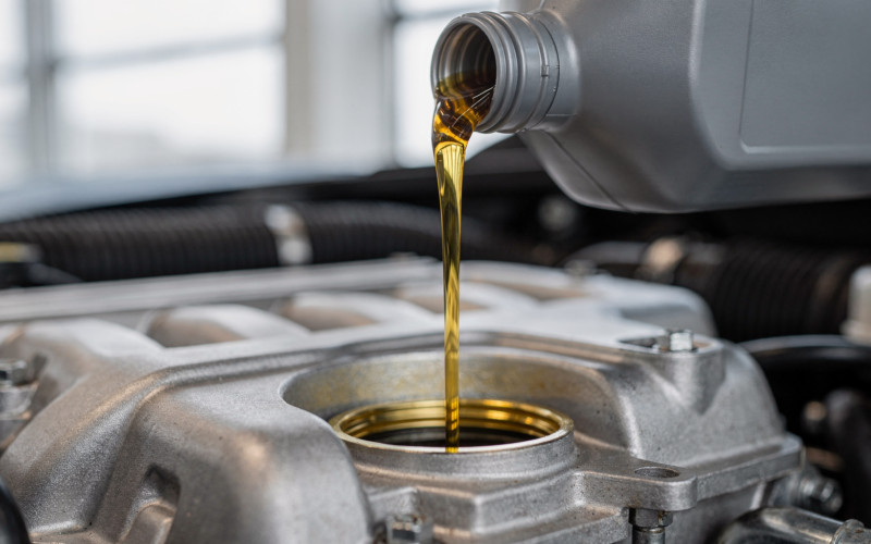 Fresh motor oil being poured into a car engine during an oil change