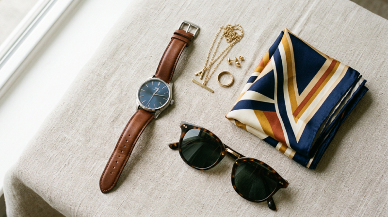 Fashion accessories including a watch, sunglasses, scarf, and jewelry on a surface