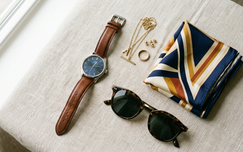 Fashion accessories including a watch, sunglasses, scarf, and jewelry on a surface