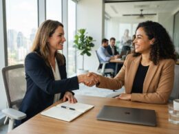 Two professionals shaking hands across a desk in a modern office