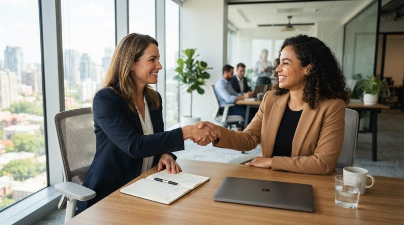 Two professionals shaking hands across a desk in a modern office