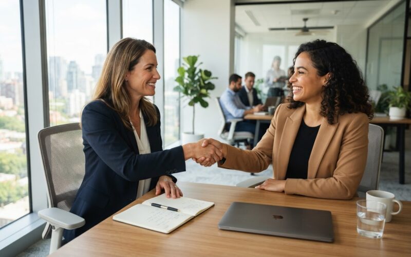 Two professionals shaking hands across a desk in a modern office