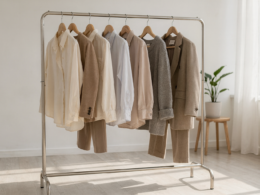 A capsule wardrobe of neutral clothes arranged on a clothing rack