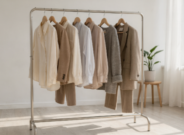 A capsule wardrobe of neutral clothes arranged on a clothing rack