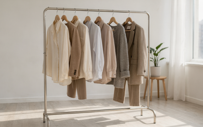 A capsule wardrobe of neutral clothes arranged on a clothing rack