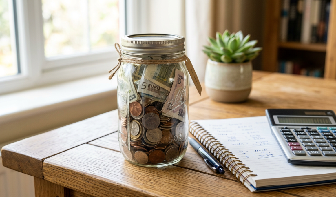 A jar filled with coins and cash beside a notebook and calculator