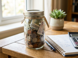 A jar filled with coins and cash beside a notebook and calculator
